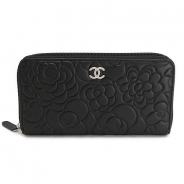 シャネル CHANEL 長財布 ラウンドファスナーカメリア型押し レザー ココマーク入り ブラック×シルバー A50085 Y01480/C0790 BKSV