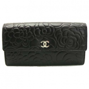 シャネル 長財布 CHANEL 財布 二つ折り カメリア 型押し レザー ココマーク ブラック×シルバー A50084 Y01480/C0790 BLACK SILVER