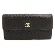 シャネル 長財布 CHANEL 財布 二つ折り カメリア 型押し レザー ココマーク ブラック A50084 Y07467 C0286/BK×GD