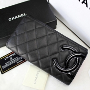CHANEL（シャネル）カンボンライン/三つ折長財布/ブラック×エナメル/レザー A46654