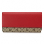 グッチ 長財布 GUCCI 財布 二つ折りフラップ 『2016年春夏新作』 GGスプリーム インサートカードケース付 キャンバス バイカラー ベージュ×ハイビスカスレッド 410105 KLQIG 9784