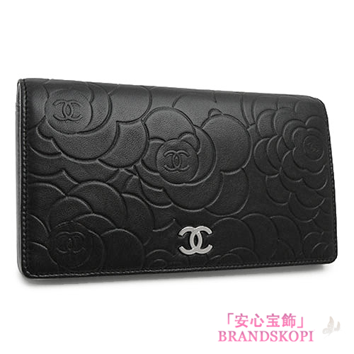 シャネル 長財布 CHANEL 二つ折り カメリア ココマーク エンボス レザー ブラック×シルバー A36544 Y01480 C0790/BK×SV