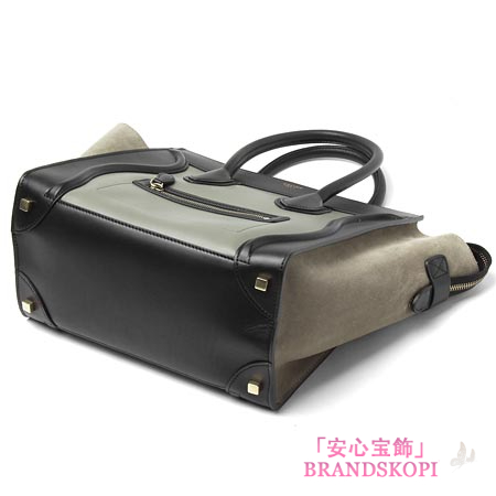 セリーヌ/CELINE/ レザーハンドバッグ/LUGGEGE/ラゲージ ミニショッパー /ブラック×オールドグリーン16521-3mba-29lm