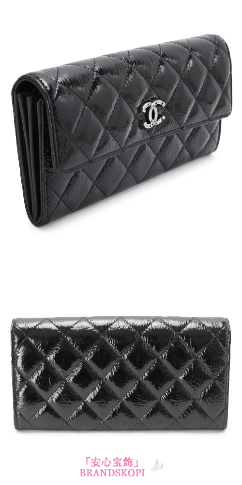 シャネル 長財布 CHANEL 財布 二つ折りフラップ ココマーク キルティング パテントレザー ブラック A69351 Y25149 94305