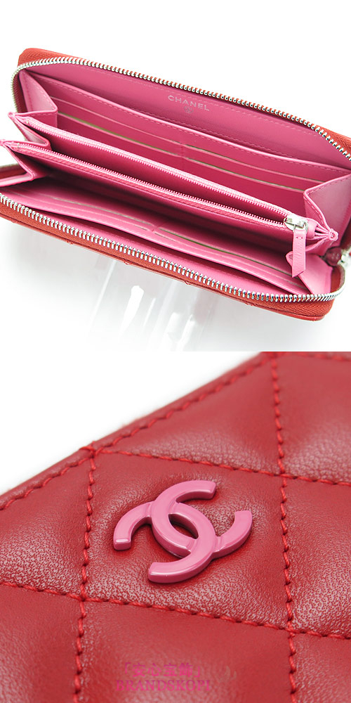 シャネル 長財布 CHANEL 財布 ラウンドファスナー ココマーク キルティング マトラッセ レザー レッド×ピンク A50097 Y25018 C7502/RED×PINK/SV