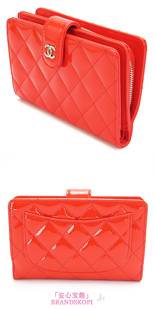 シャネル 折財布 CHANEL 財布 二つ折り マトラッセ キルティング パテントレザー オレンジ A48667 PATENT ORANGE/SV