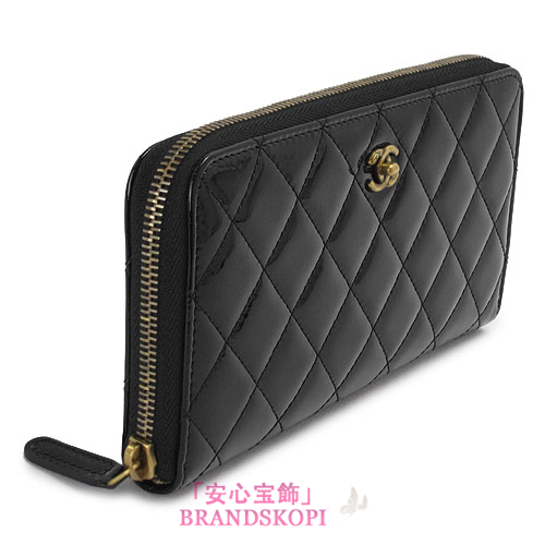 シャネル 長財布 CHANEL 財布 ラウンドファスナー パテントレザー キルティング ブラック A80574 PATE BKGD/BLACK×GD