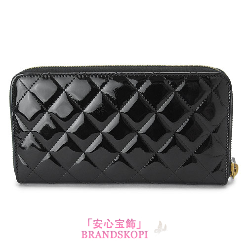 シャネル 長財布 CHANEL 財布 ラウンドファスナー パテントレザー キルティング ブラック A80574 PATE BKGD/BLACK×GD
