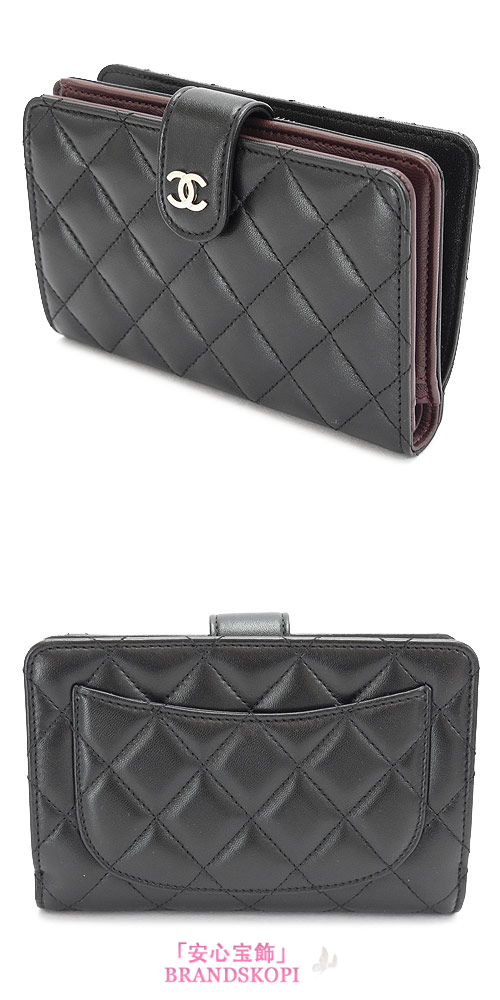 シャネル 折財布 CHANEL 財布 二つ折り マトラッセ キルティング レザー ブラック×ボルドー A48667 LAM BKBO/GD