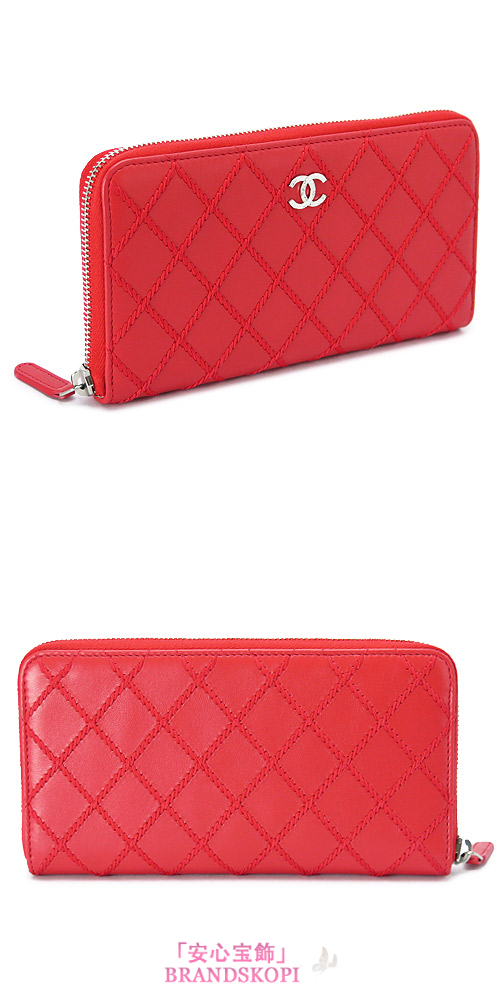 シャネル 長財布 CHANEL 財布 ラウンドファスナー ココマーク キルティング レザー レッド A80143 RED