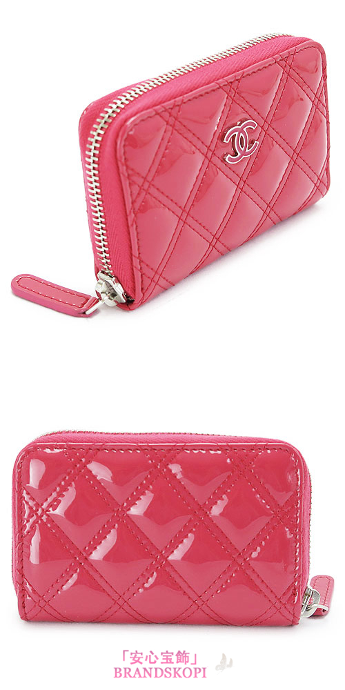 シャネル コインケース CHANEL 小銭入れ/カードケース ラウンドファスナー マトラッセ/キルティング パテントレザー ピンク A82130 Y25268 0A714/SV