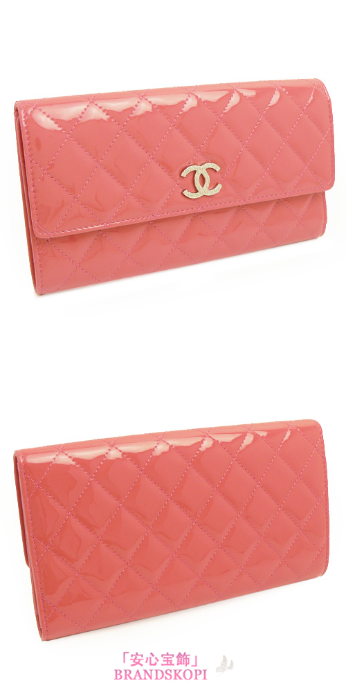 シャネル CHANEL 長財布 三つ折り ココマーク パテント キルティングレザー/マトラッセ コーラルピンク A48693 PATENT CORALLO