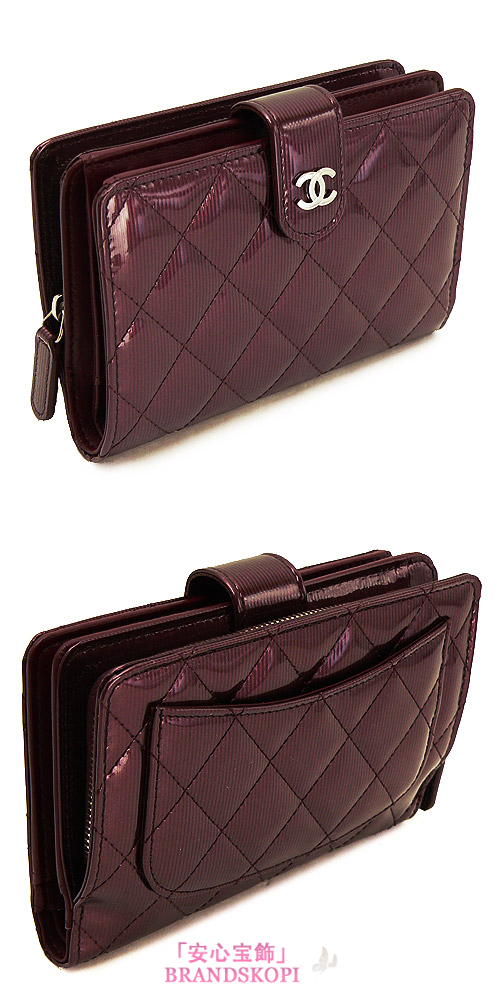 シャネル 折財布 財布 CHANEL 二つ折り マトラッセ キルティング ココ パテント レザー ワインレッド A48667 PATENT WINE RED