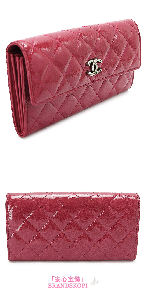 シャネル 長財布 CHANEL 財布 二つ折りフラップ ココマーク キルティング パテントレザー レッド系 A69351 Y25149 0A468