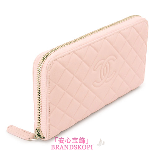 シャネル 長財布 CHANEL 財布 ラウンドファスナー ラムレザー ダイヤモンド ココマーク エンボス ライトピンク A80695 LAM LPKSV/LIGHT PINK×SV