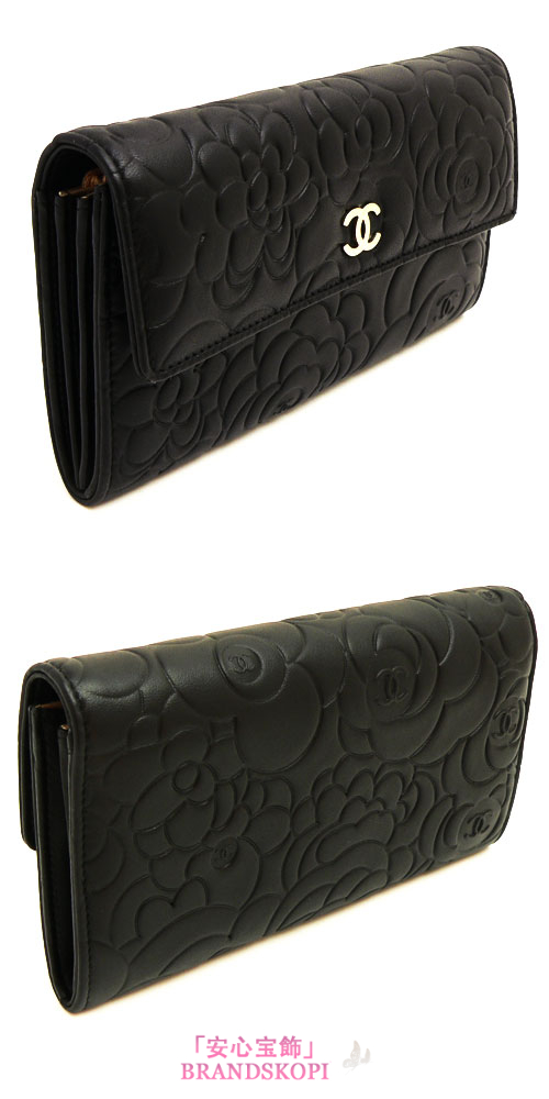 シャネル 長財布 CHANEL 財布 二つ折り カメリア 型押し レザー ココマーク ブラック A50084 Y07467 C0286/BK×GD