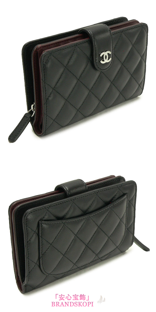 シャネル 長財布 CHANEL 財布 二つ折り マトラッセ キルティング レザー ブラック×ボルドー A48667 Y01480 C3906