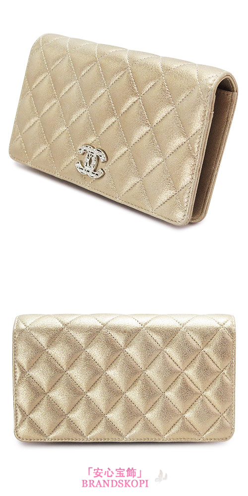 シャネル 長財布 CHANEL 財布 二つ折り マトラッセ ココマーク キルティング メタリック ラメ レザー ゴールド A80001 GOAT GOLD/SV