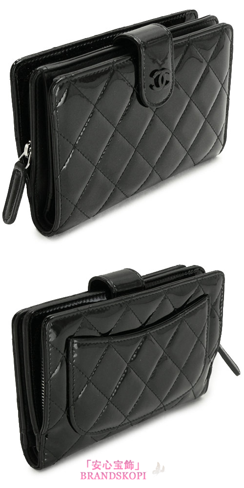 シャネル CHANEL 長財布 二つ折りフラップ マトラッセ キルティング クラシック ココマーク パテントレザー ブラック×BK A48667 PATENT BKBK