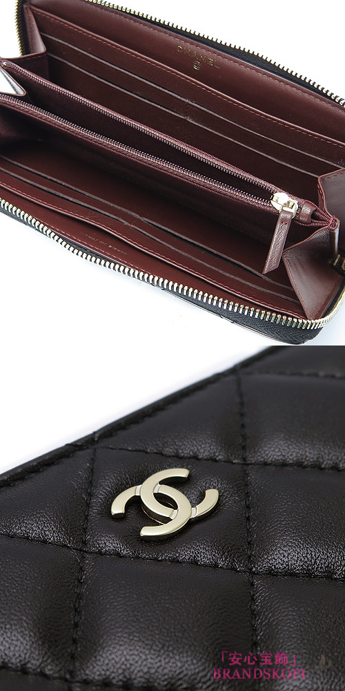 シャネル 長財布 CHANEL 財布 ラウンドファスナー ココマーク キルティング マトラッセ ラムレザー ブラック×ボルドー A50097 Y01295 C3906/BK×BO GOLD
