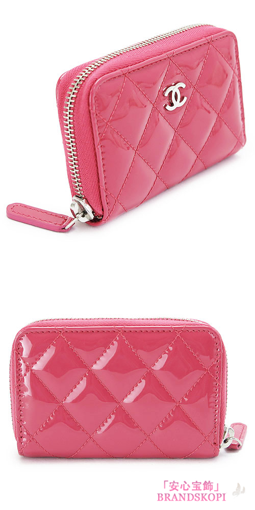 シャネル コインケース CHANEL 小銭入れ/カードケース ラウンドファスナー マトラッセ/キルティング パテントレザー ピンク A69271 Y06830 0A419/SV