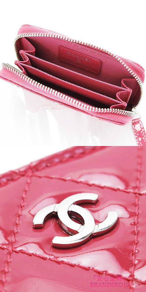 シャネル コインケース CHANEL 小銭入れ/カードケース ラウンドファスナー マトラッセ/キルティング パテントレザー ピンク A69271 Y06830 0A419/SV