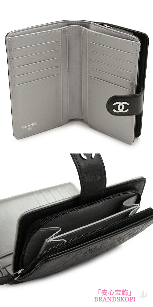 シャネル 折財布 CHANEL 財布 二つ折り ラウンドファスナー カメリア型押し レザー ブラック×シルバー A50087 Y01480 C0790/BKSV