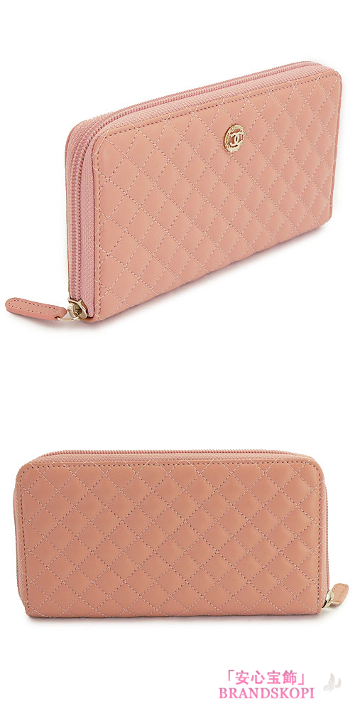 シャネル 長財布 CHANEL シャネル 財布 ラウンドファスナー ココボタン キルティング コーラルピンク A68605 LAMB CORAL