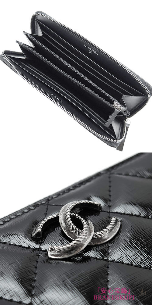 シャネル 長財布 CHANEL ラウンドファスナー キルティング パテント レザー ブラック A82227 Y25314 94305