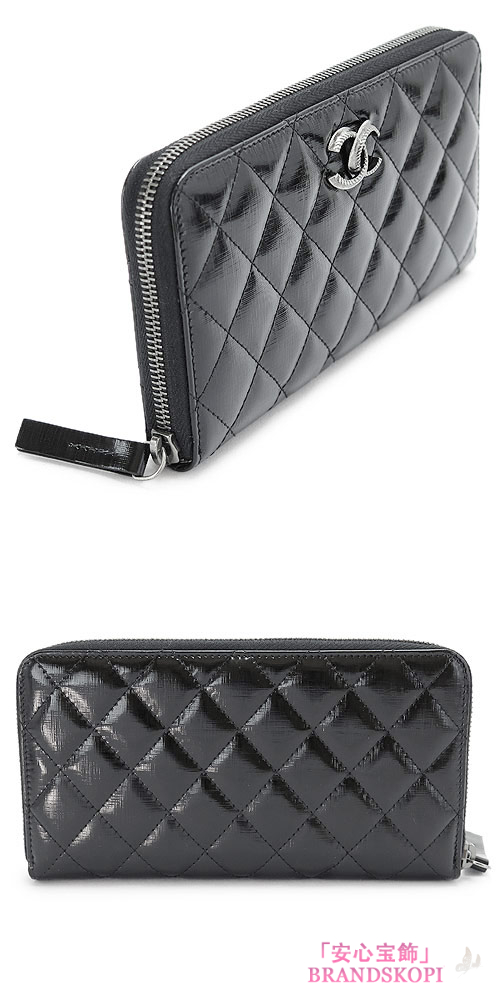シャネル 長財布 CHANEL ラウンドファスナー キルティング パテント レザー ブラック A82227 Y25314 94305
