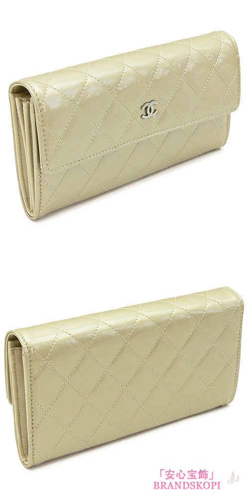 シャネル 長財布 CHANEL 財布 二つ折りフラップ マトラッセ/キルティング パテントレザー ゴールド A50096 PATENT GOLD