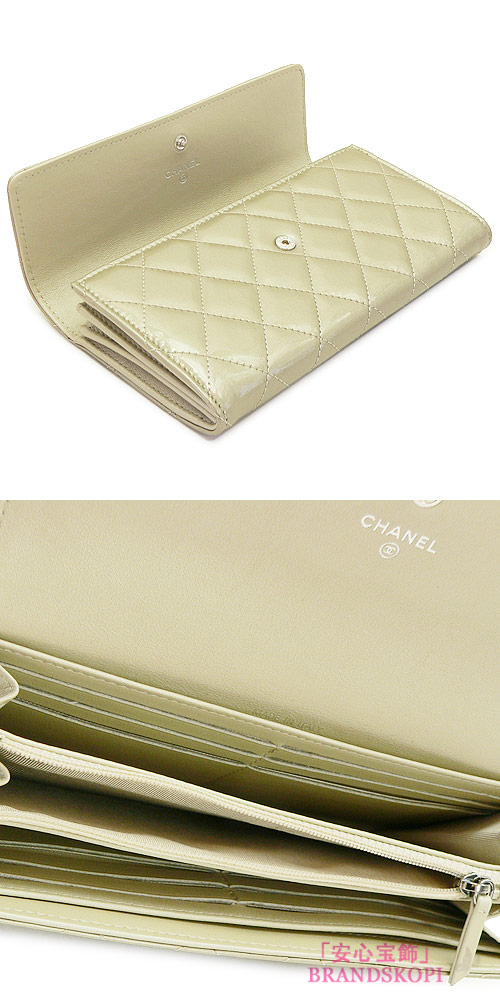 シャネル 長財布 CHANEL 財布 二つ折りフラップ マトラッセ/キルティング パテントレザー ゴールド A50096 PATENT GOLD