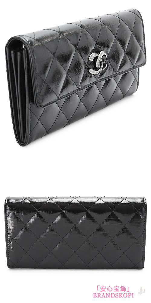 シャネル 長財布 CHANEL 二つ折りフラップ キルティング パテントレザー ブラック A82230 Y25314 94305