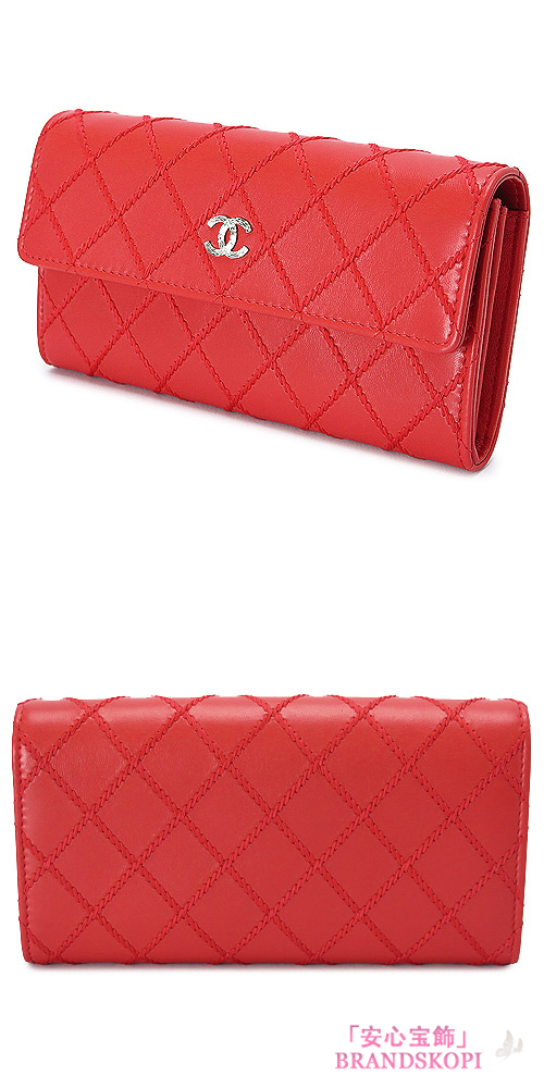 シャネル 長財布 CHANEL 財布 二つ折りフラップ ココマーク キルティング レザー レッド A80142 RED