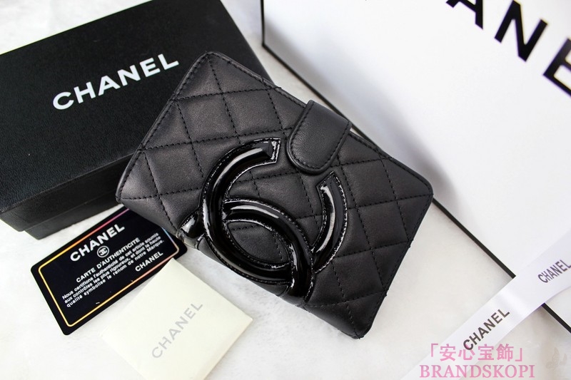 CHANEL（シャネル）ラウンド財布/カンボンライン/ブラック×ブラックエナメル（内部ピンク）/A50080