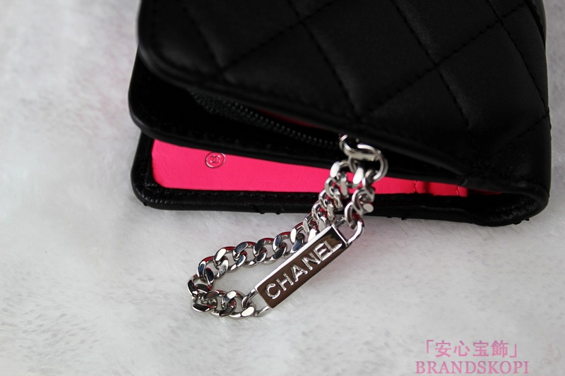 CHANEL（シャネル）ラウンド財布/カンボンライン/ブラック×ブラックエナメル（内部ピンク）/A50080