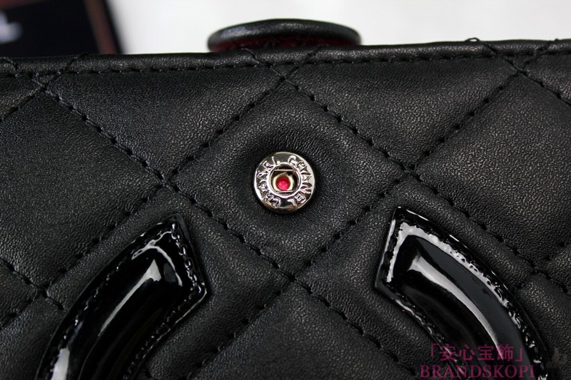 CHANEL（シャネル）ラウンド財布/カンボンライン/ブラック×ブラックエナメル（内部ピンク）/A50080