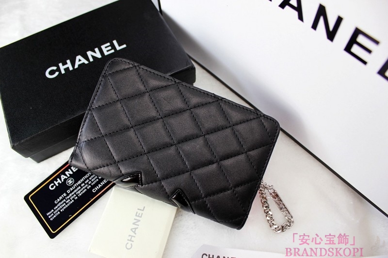 CHANEL（シャネル）ラウンド財布/カンボンライン/ブラック×ブラックエナメル（内部ピンク）/A50080