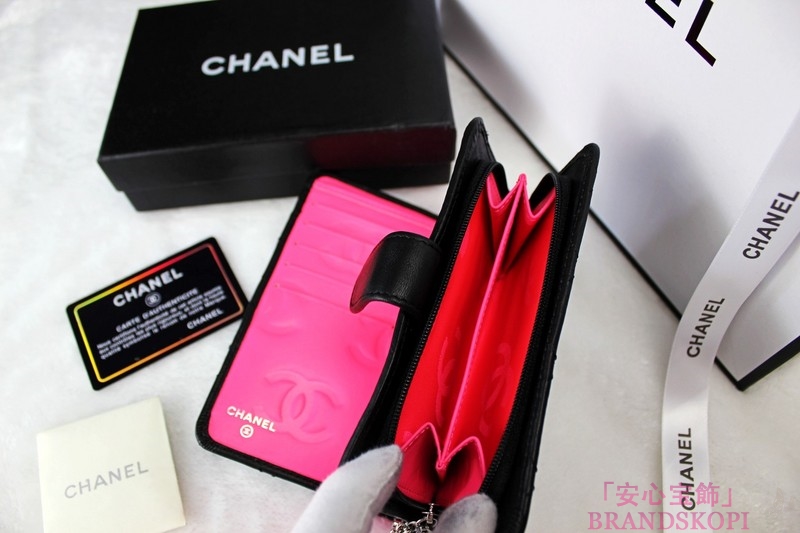 CHANEL（シャネル）ラウンド財布/カンボンライン/ブラック×ブラックエナメル（内部ピンク）/A50080