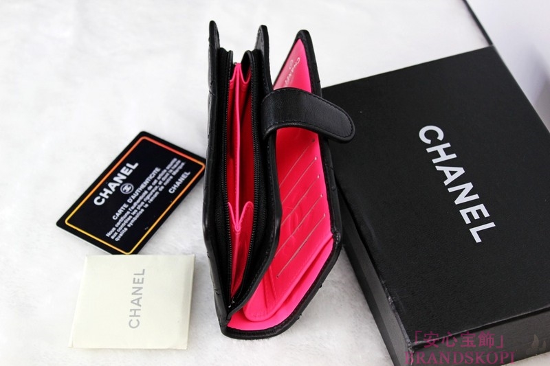 CHANEL（シャネル）ラウンド財布/カンボンライン/ブラック×ブラックエナメル（内部ピンク）/A50080