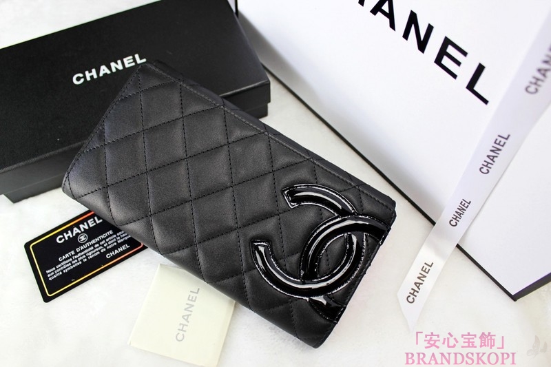 CHANEL（シャネル）カンボンライン/三つ折長財布/ブラック×エナメル/レザー A46654