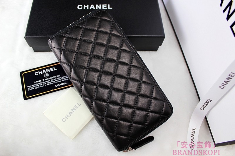 CHANEL（シャネル）カンボンライン/三つ折長財布/ブラック×エナメル/レザー A46654