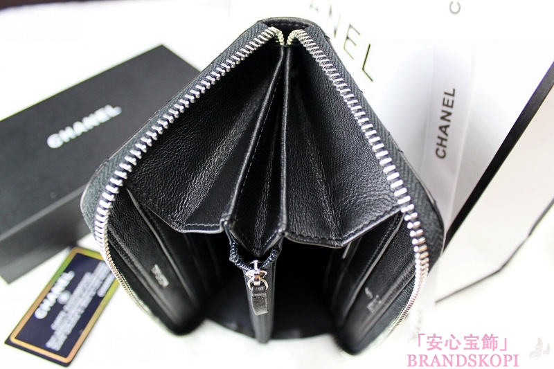 CHANEL（シャネル）カンボンライン/三つ折長財布/ブラック×エナメル/レザー A46654