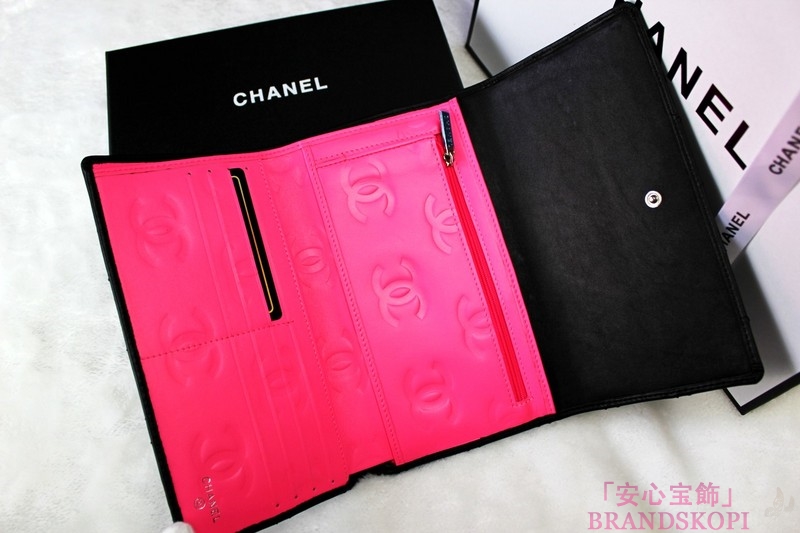 CHANEL（シャネル）カンボンライン/三つ折長財布/ブラック×エナメル/レザー A46654