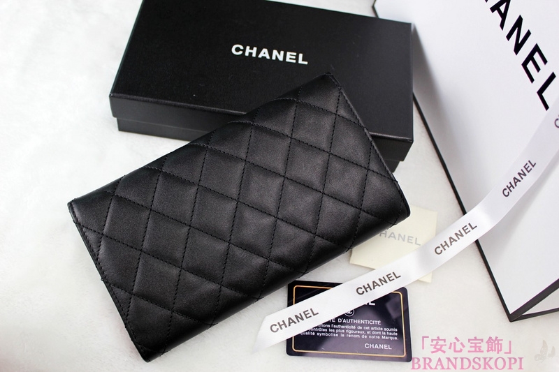 CHANEL（シャネル）カンボンライン/三つ折長財布/ブラック×エナメル/レザー A46654