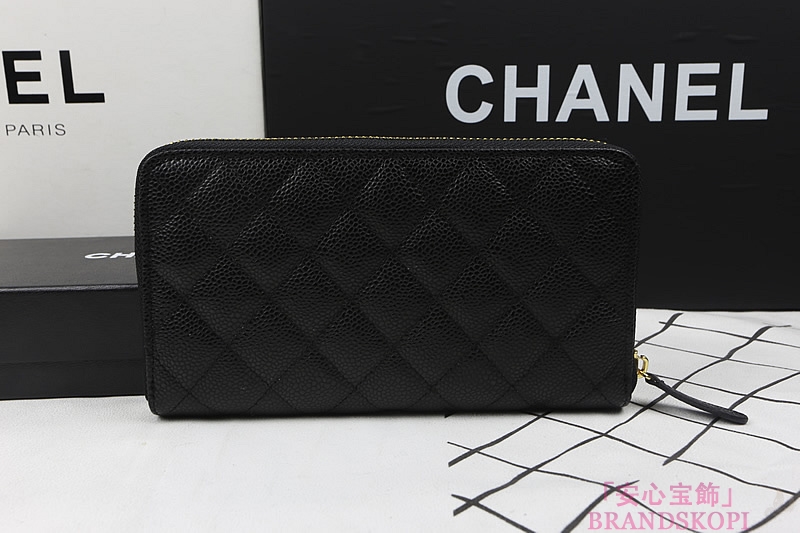 シャネル　マトラッセ　財布　CHANEL　キャビアスキン　ラウンドファスナー 長財布　ブラック　A50097