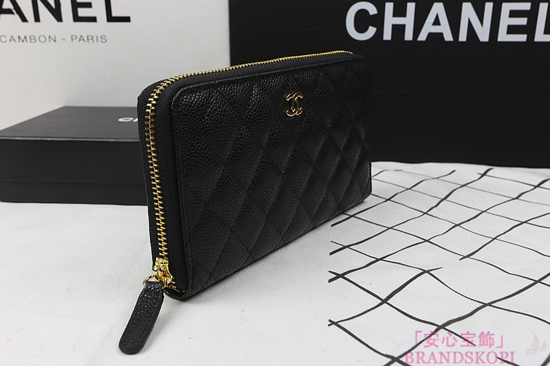 シャネル　マトラッセ　財布　CHANEL　キャビアスキン　ラウンドファスナー 長財布　ブラック　A50097