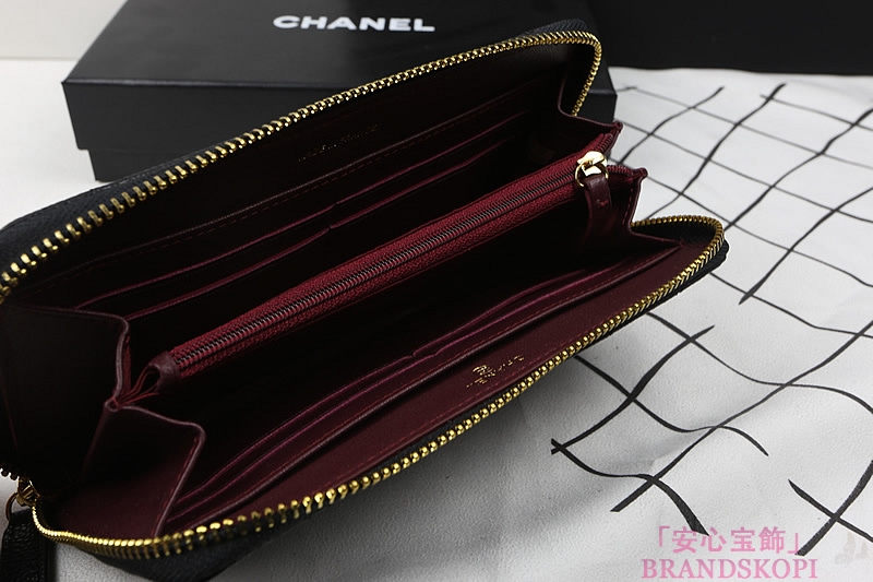 シャネル　マトラッセ　財布　CHANEL　キャビアスキン　ラウンドファスナー 長財布　ブラック　A50097