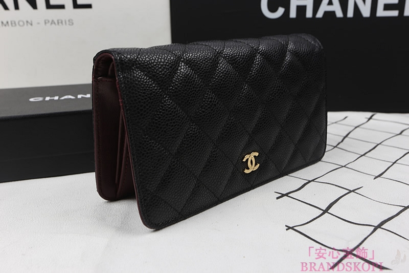 シャネル CHANEL マトラッセライン キャビアスキン 長財布 ブラック＆ゴールド＆ボルドー A31509