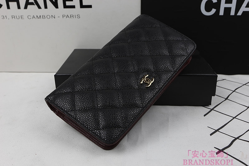 シャネル CHANEL マトラッセライン キャビアスキン 長財布 ブラック＆ゴールド＆ボルドー A31509